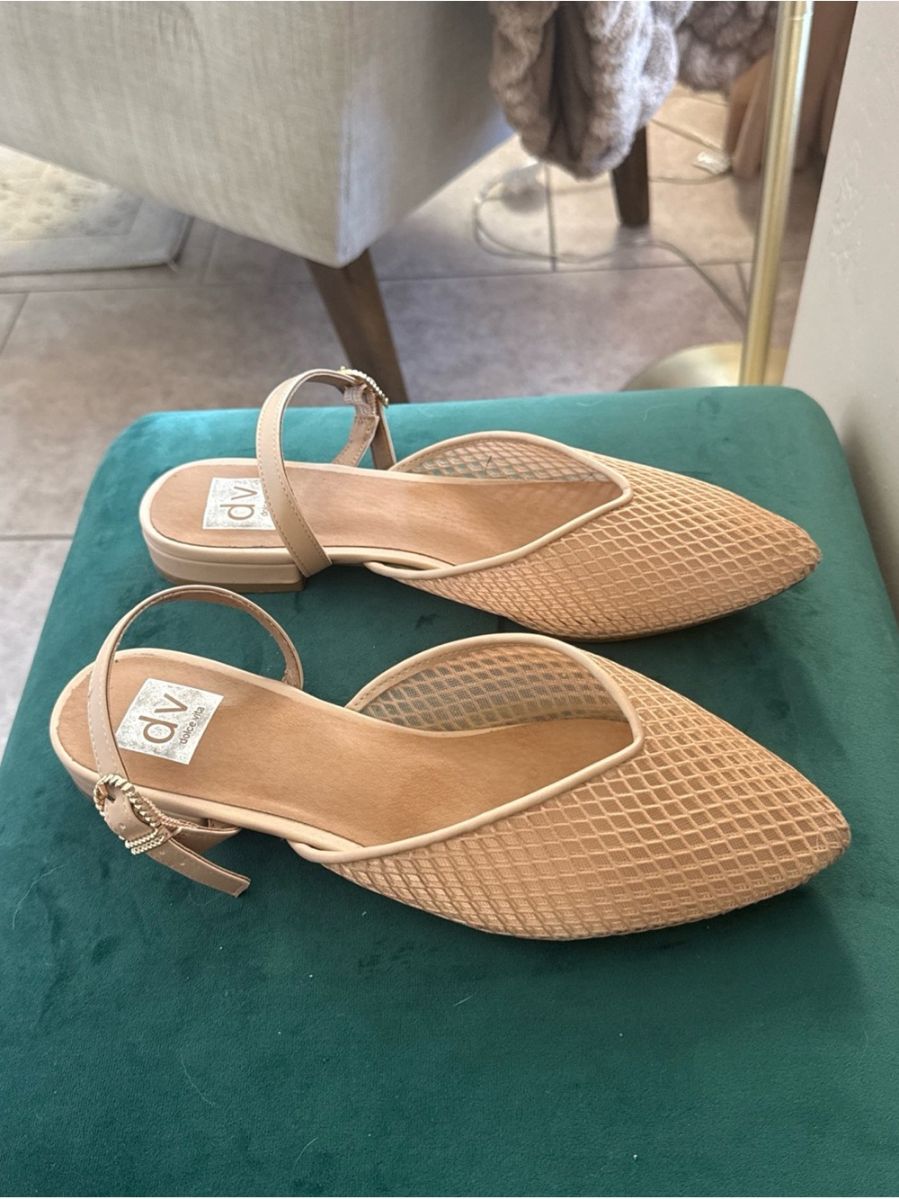 Dolce Vita dv Beige Mesh Pointed  Domain Fishnet Mules ankle strap flats
